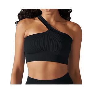 One Shoulder Athletic Top Black Ribbed Knit‎ Medium Impact Stretch Pull-Over S